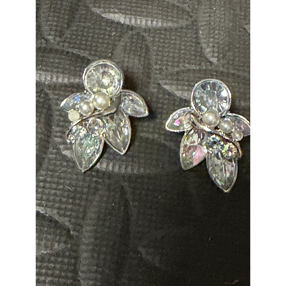 Crystal Cluster Stud Earrings Silver AB Rhinestone Faux Pearl aurora borealis
